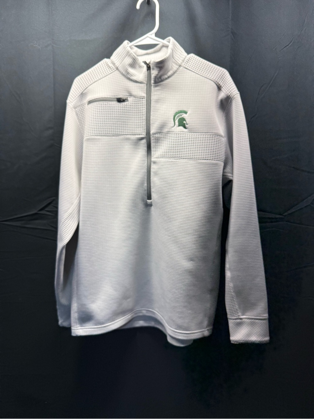 EUC OGIO Light Gray Quarter-Zip Sweater with Green Spartan Emblem Sz L (3aw)